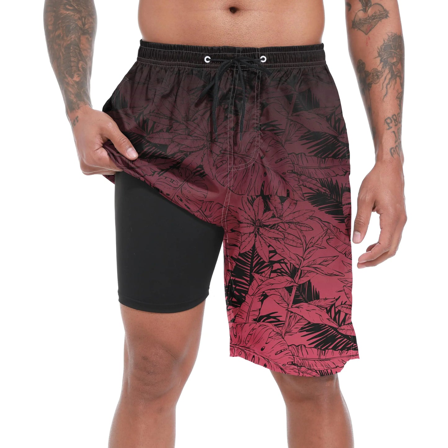 Mens Swim Trunks with Compression Liner Gradient Maroon Leaf Mens Bathing Suit Mens Swimming Trunks 9 Inch Inseam Mens Board Shorts Swimwear 4 Way Stretch Beach Shorts Quick Dry Swimsuits XL
