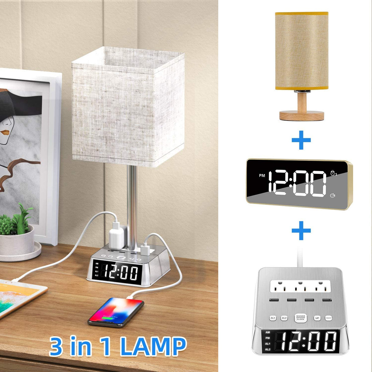 Table Lamp, 4 USB Ports & AC Power Outlets, Alarm Clock