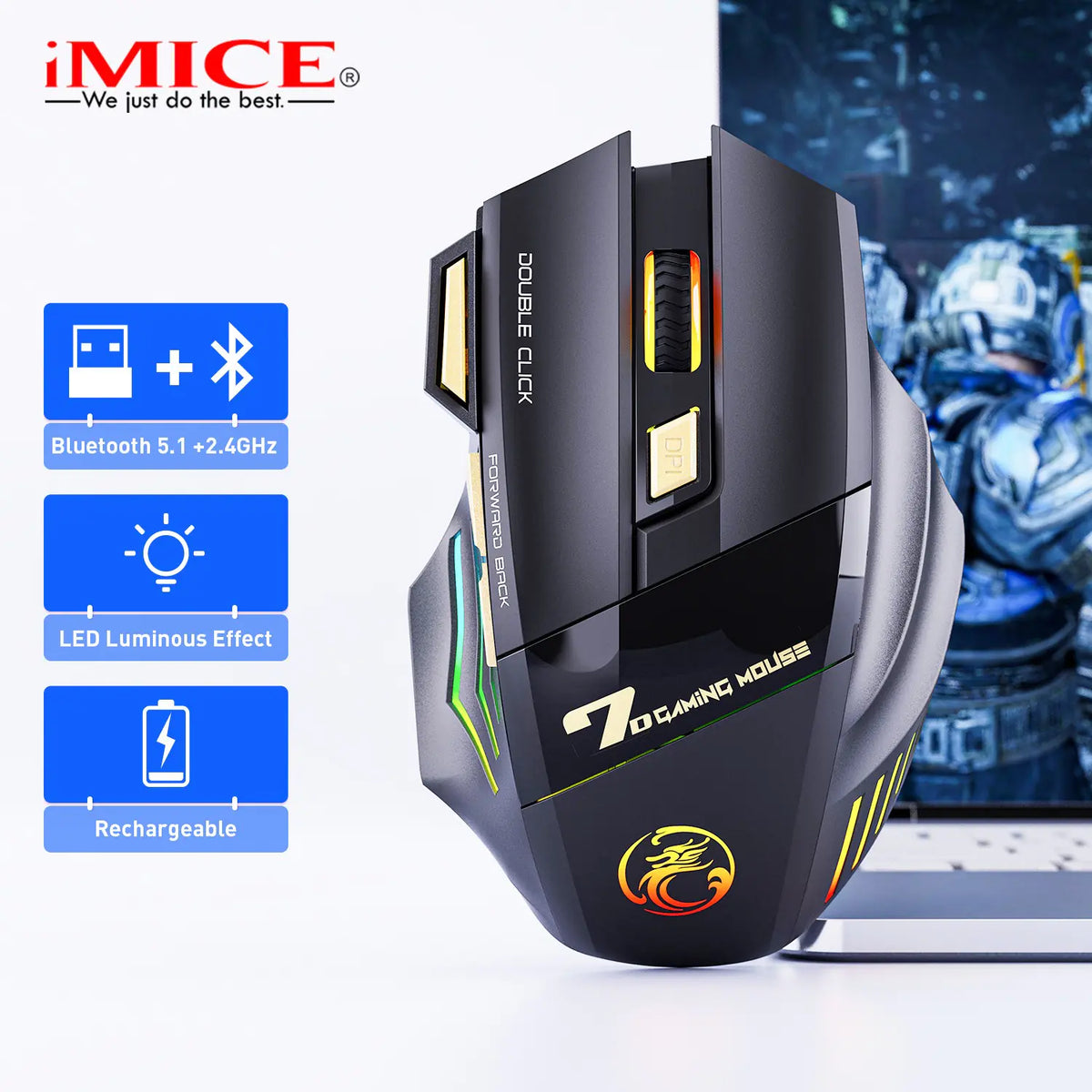 Ergonomic Rechargeable Wireless RGB Gaming Mouse